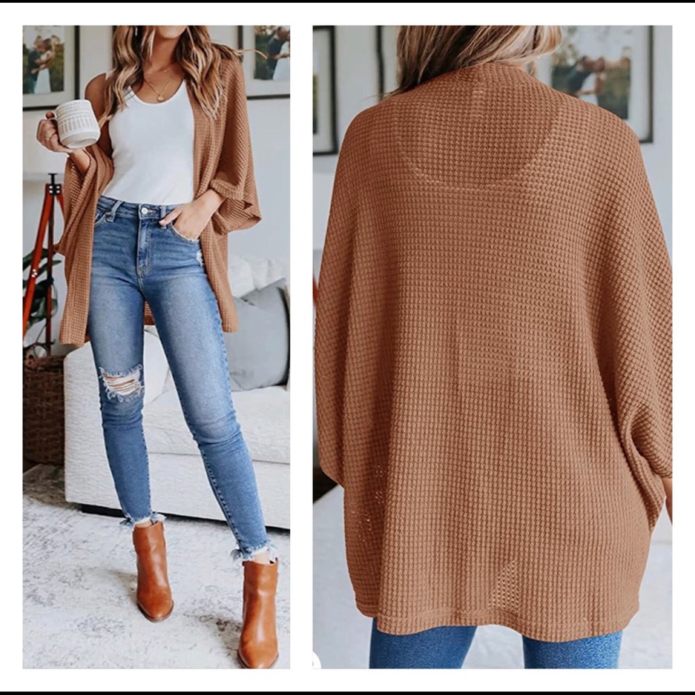 Lightweight Kimono Cardigan Loose Waffle Knit 3/4 Batwing Sleeve Beach Cover Up